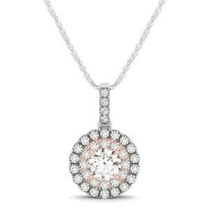 Round Shape Halo Diamond Pendant in 14k White and Rose Gold (1/2 cttw)