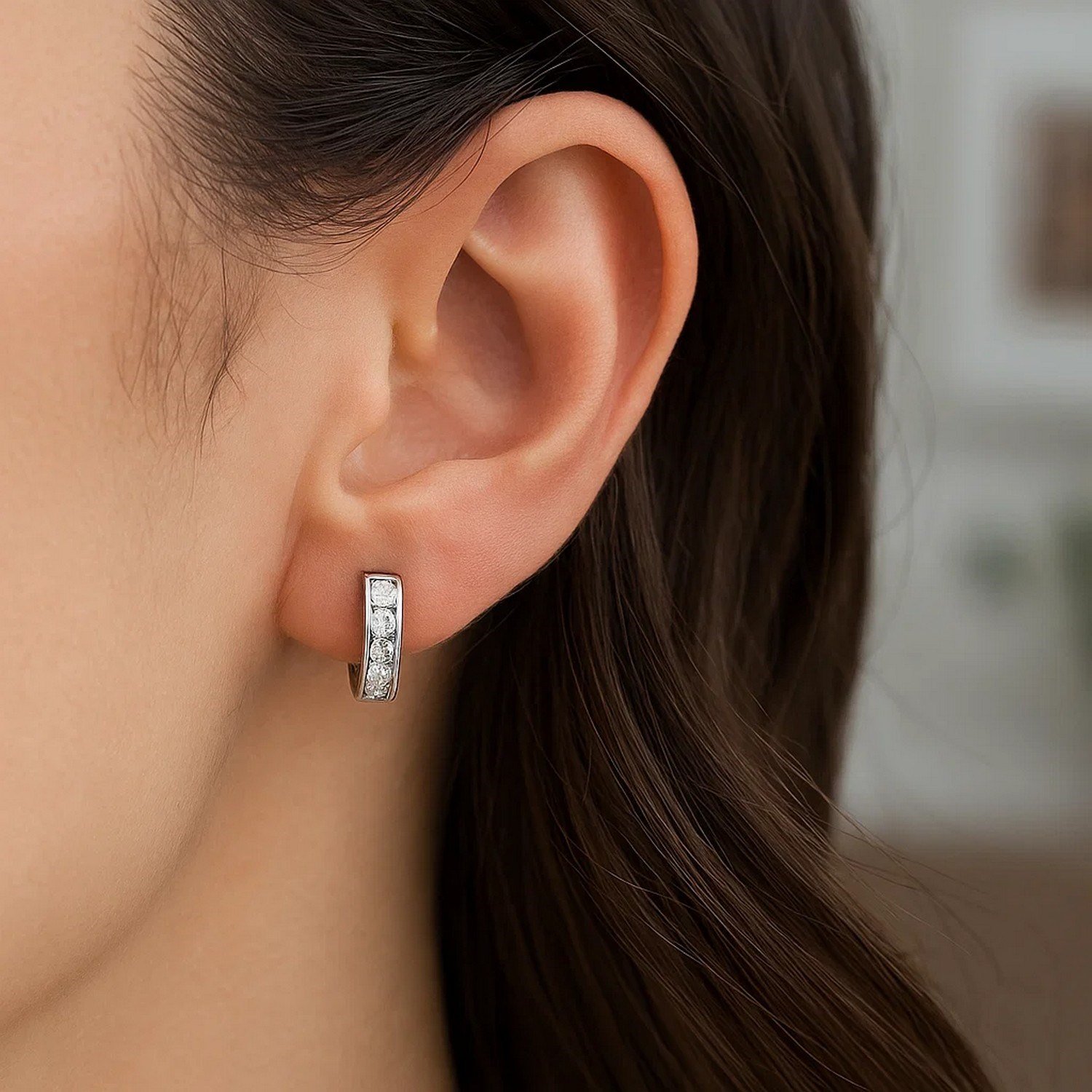 Sterling Silver Petite Hoop Earrings with Cubic Zirconias(3x10mm) - Image 2