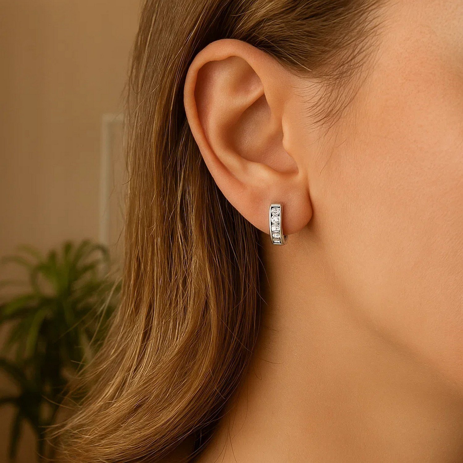 Sterling Silver Petite Hoop Earrings with Cubic Zirconias(3x10mm) - Image 3