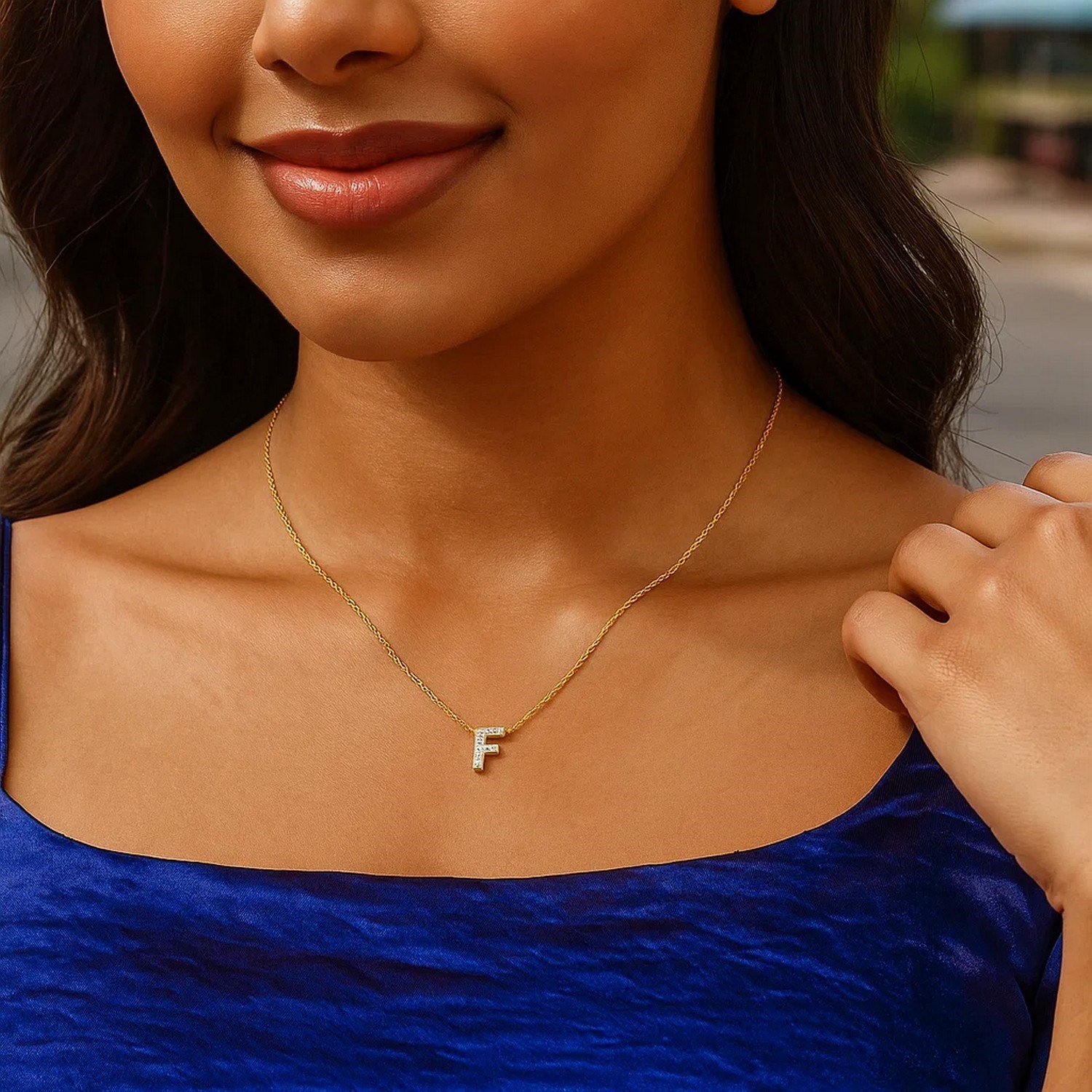 14K Yellow Gold Mini Diamond F Initial Pendant Necklace - Image 4