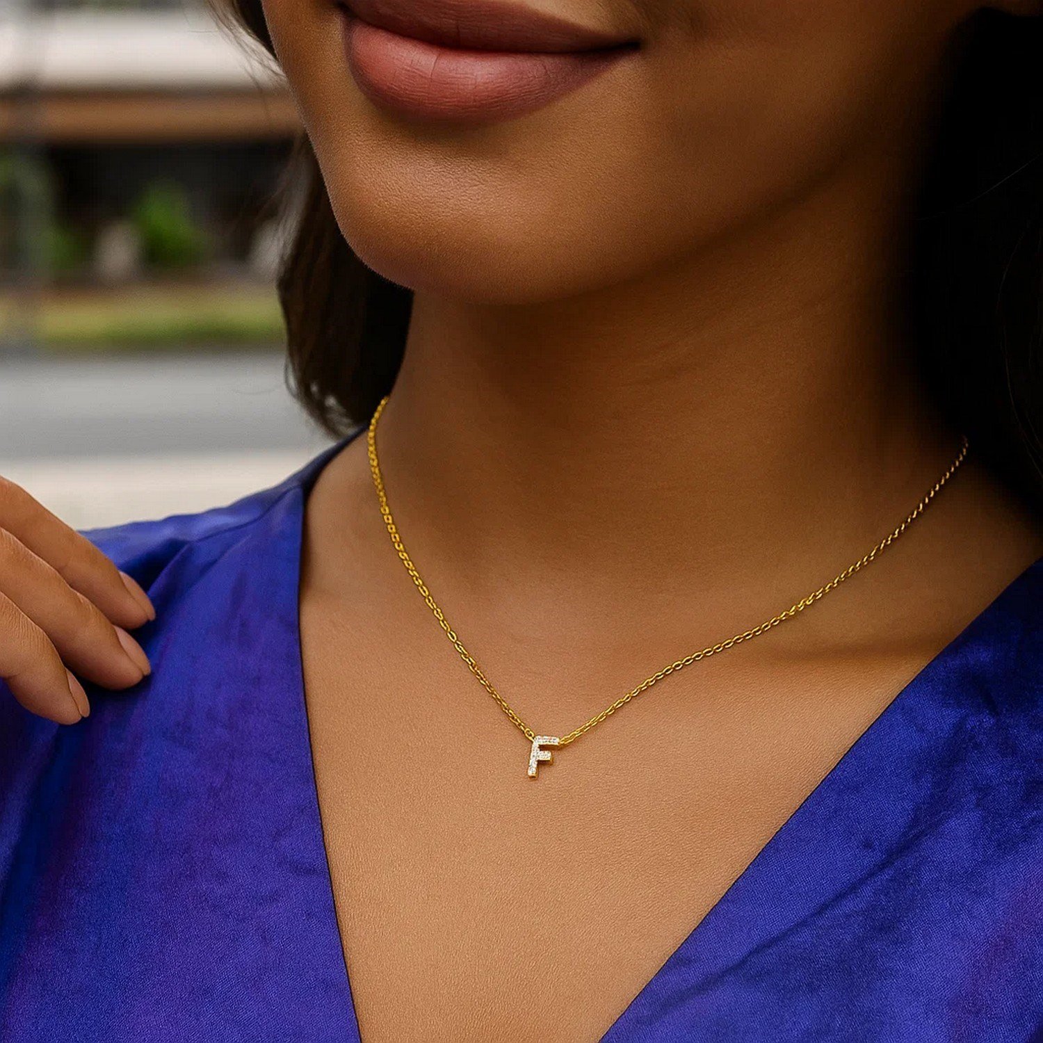 14K Yellow Gold Mini Diamond F Initial Pendant Necklace - Image 5