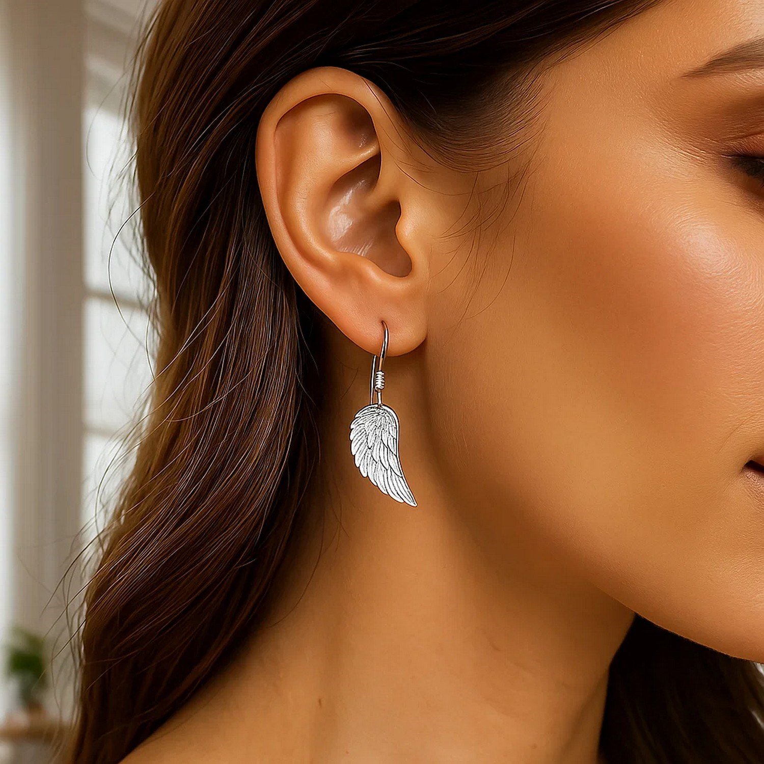 Sterling Silver Textured Angel Wing Earrings - Image 2