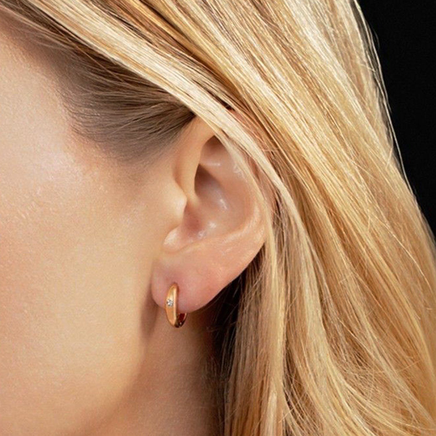 14K Yellow Gold Diamond Small Hoop Earrings - Image 4