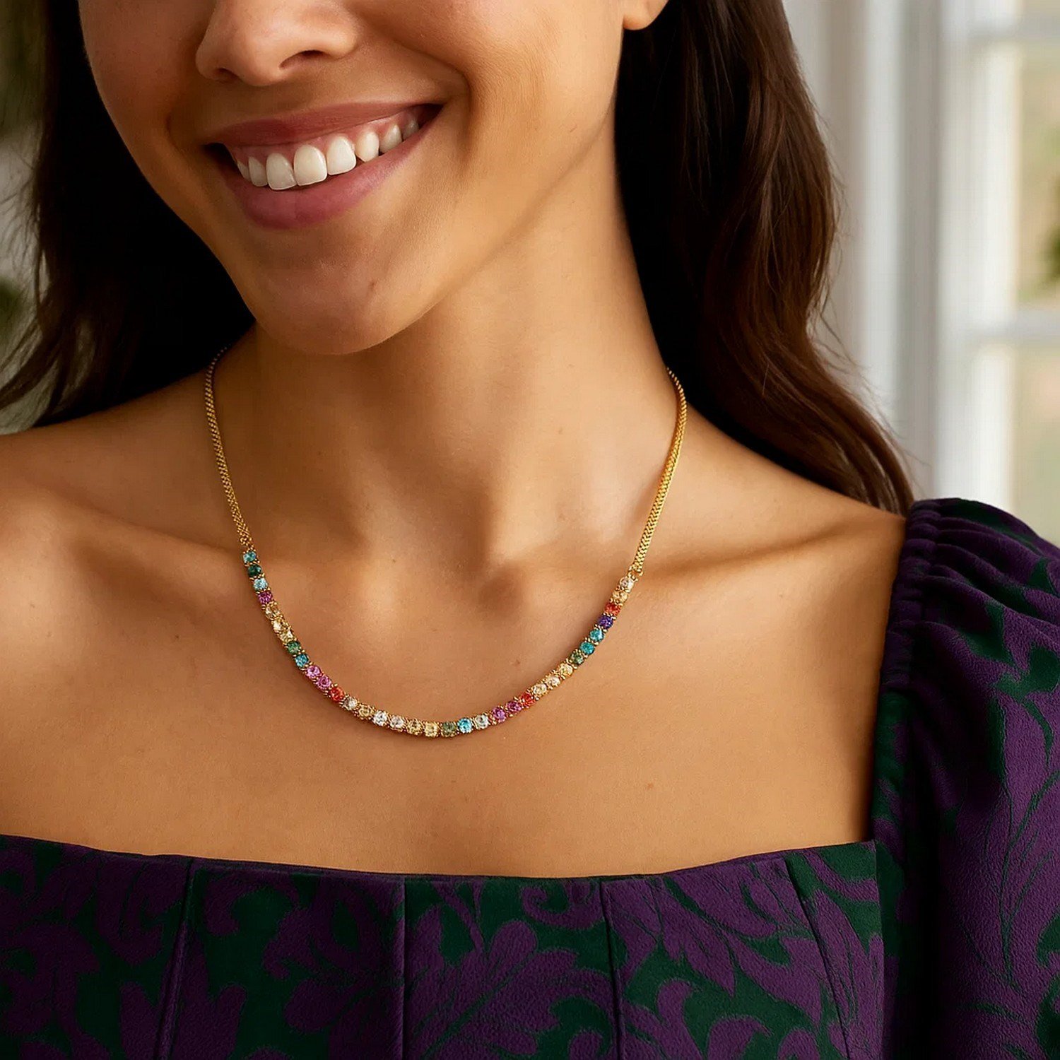 Sterling Silver Gold Plated Rainbow CZ Necklace - Image 3