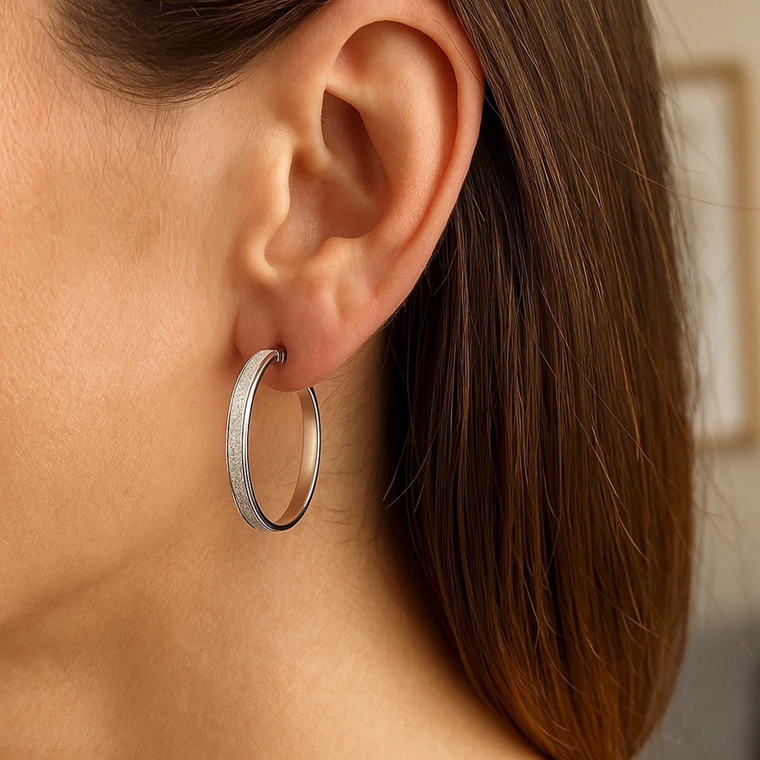 14k White Tone Gold Hoop Style Earrings with Center Glitter Look Design(4x30mm) - Image 2