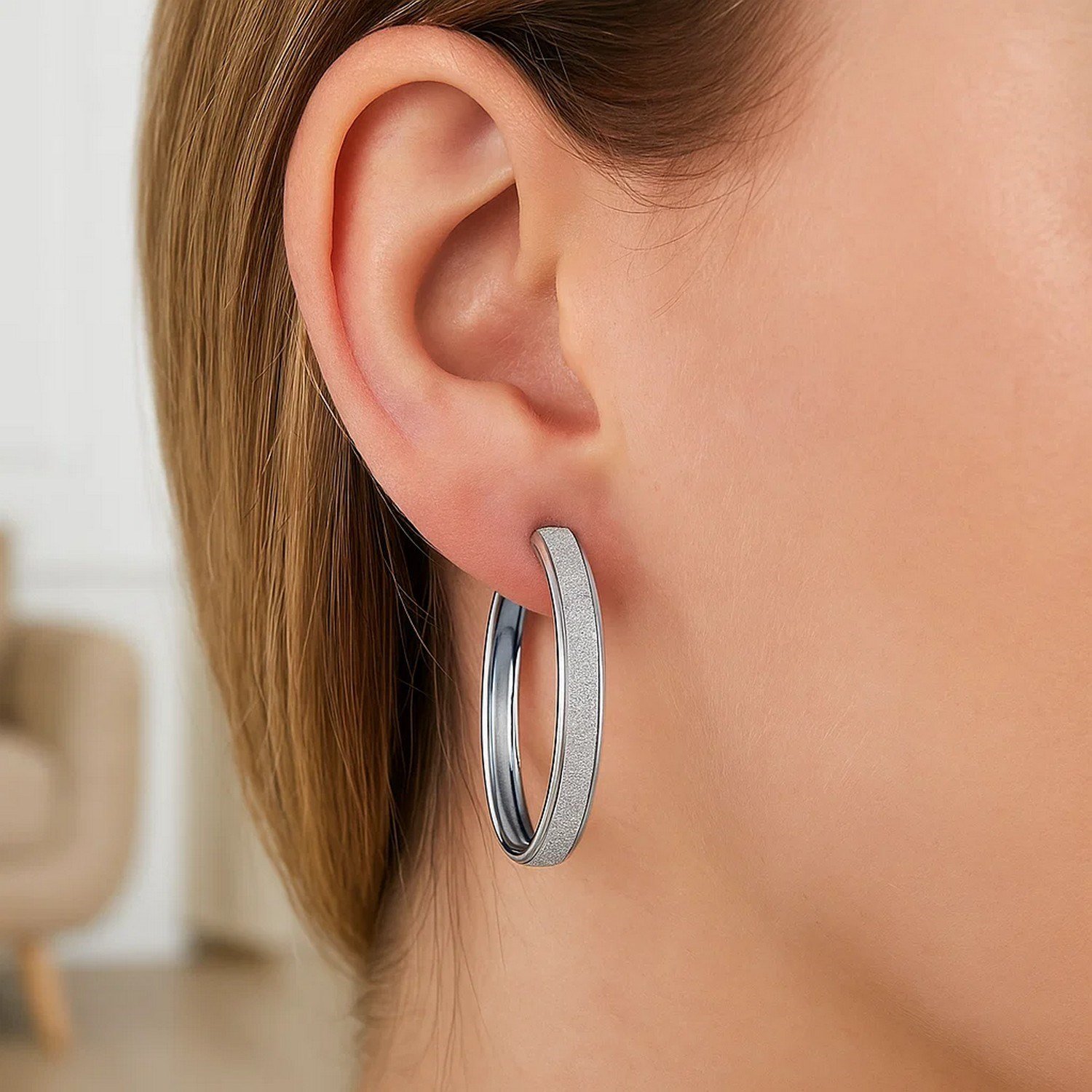 14k White Tone Gold Hoop Style Earrings with Center Glitter Look Design(4x30mm) - Image 3