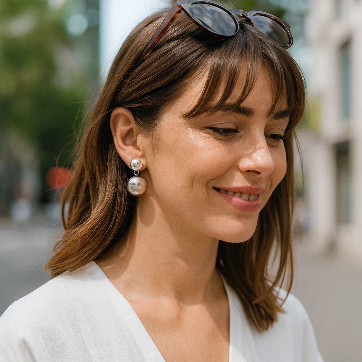Sterling Silver Rhodium Plated Puffed Round Double Button Drop Earrings - Image 3