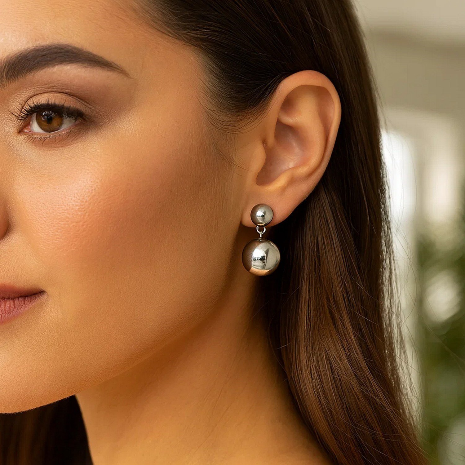 Sterling Silver Rhodium Plated Puffed Round Double Button Drop Earrings - Image 4