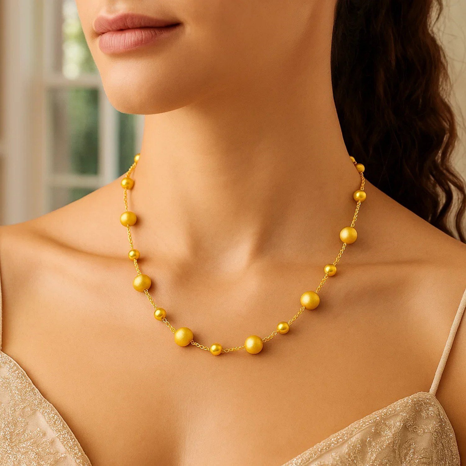 14K Yellow Gold Polished and Satin Pebble Necklace - Image 3