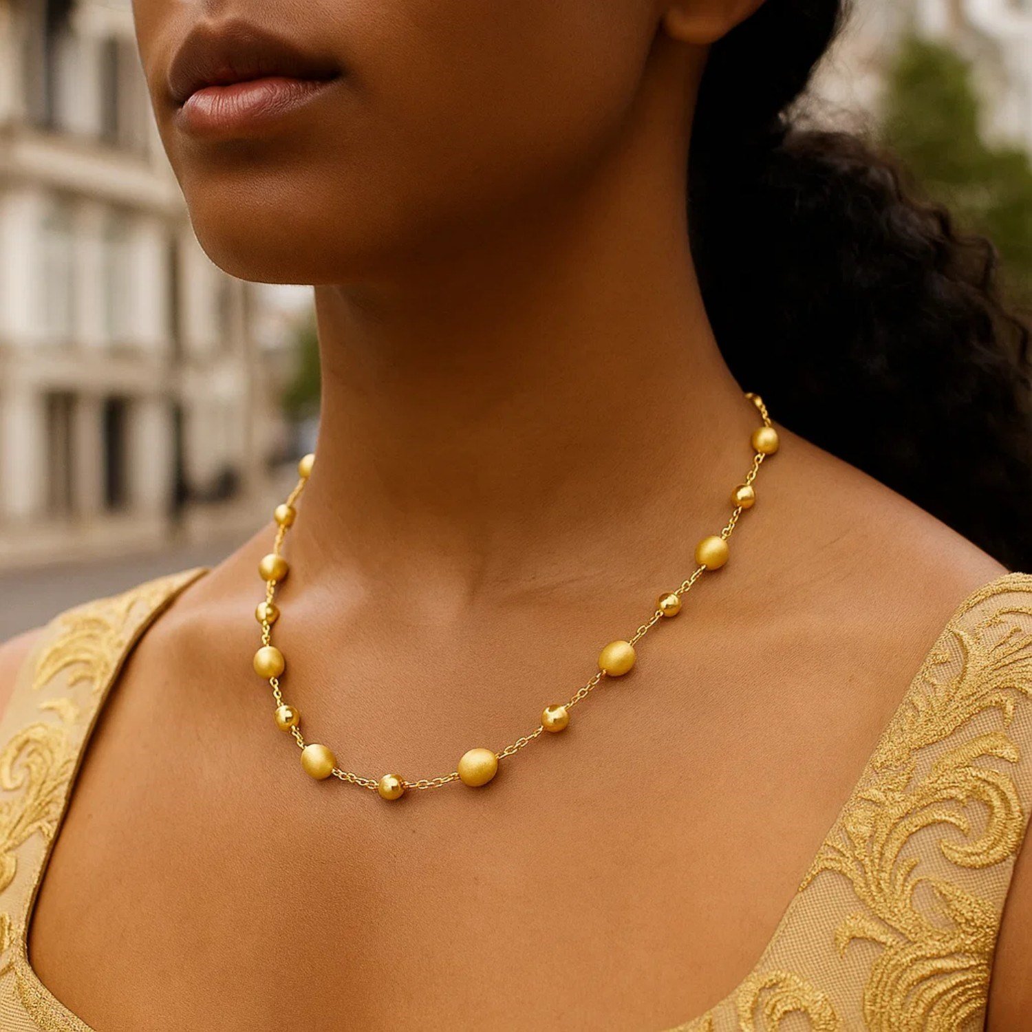 14K Yellow Gold Polished and Satin Pebble Necklace - Image 4