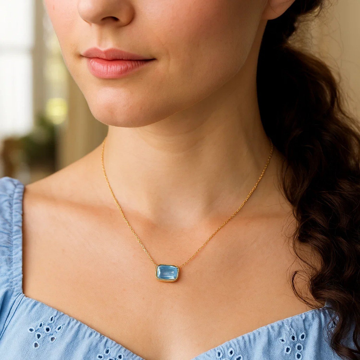 14K Yellow Gold Emerald Cut Blue Topaz Necklace - Image 4