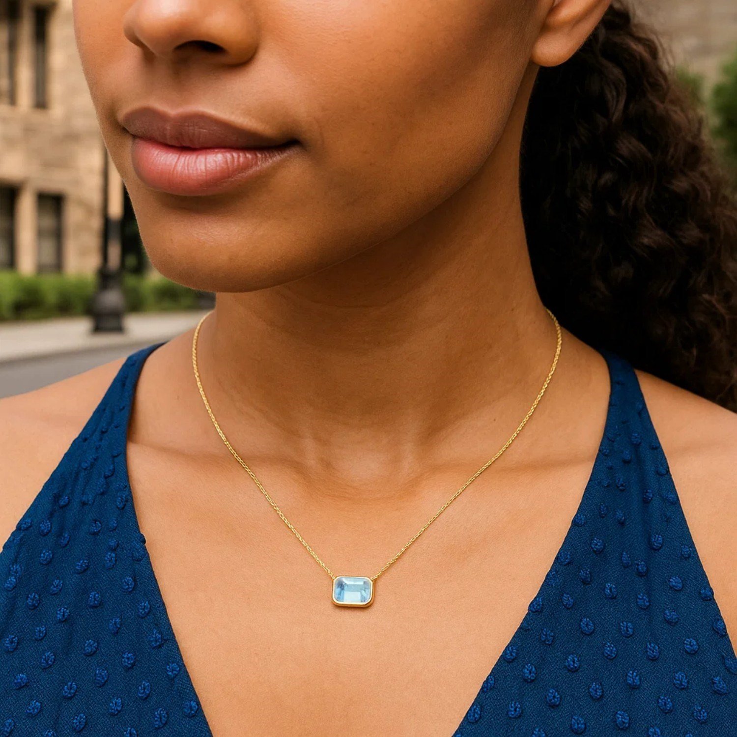 14K Yellow Gold Emerald Cut Blue Topaz Necklace - Image 5