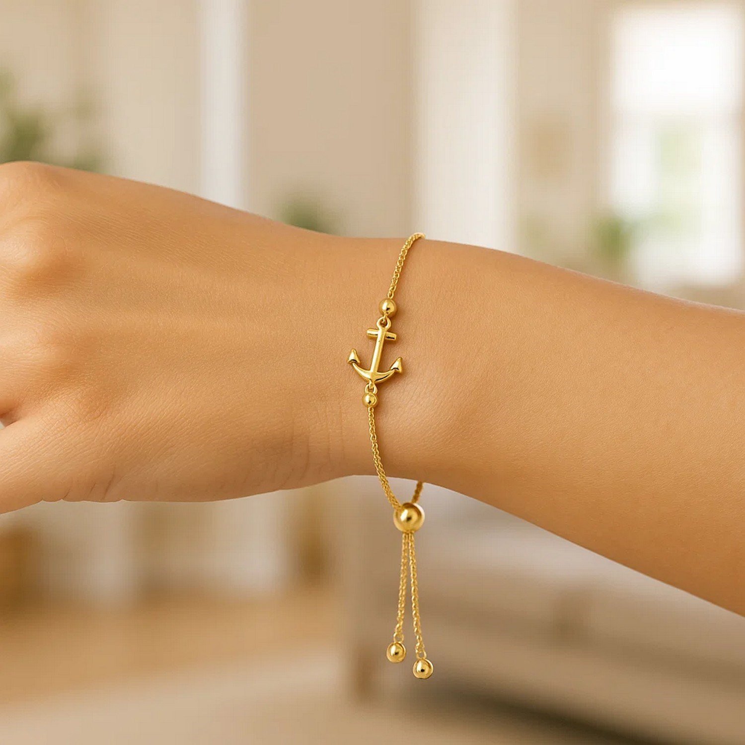 14k Yellow Gold Anchor Design Adjustable Lariat Bracelet - Image 4