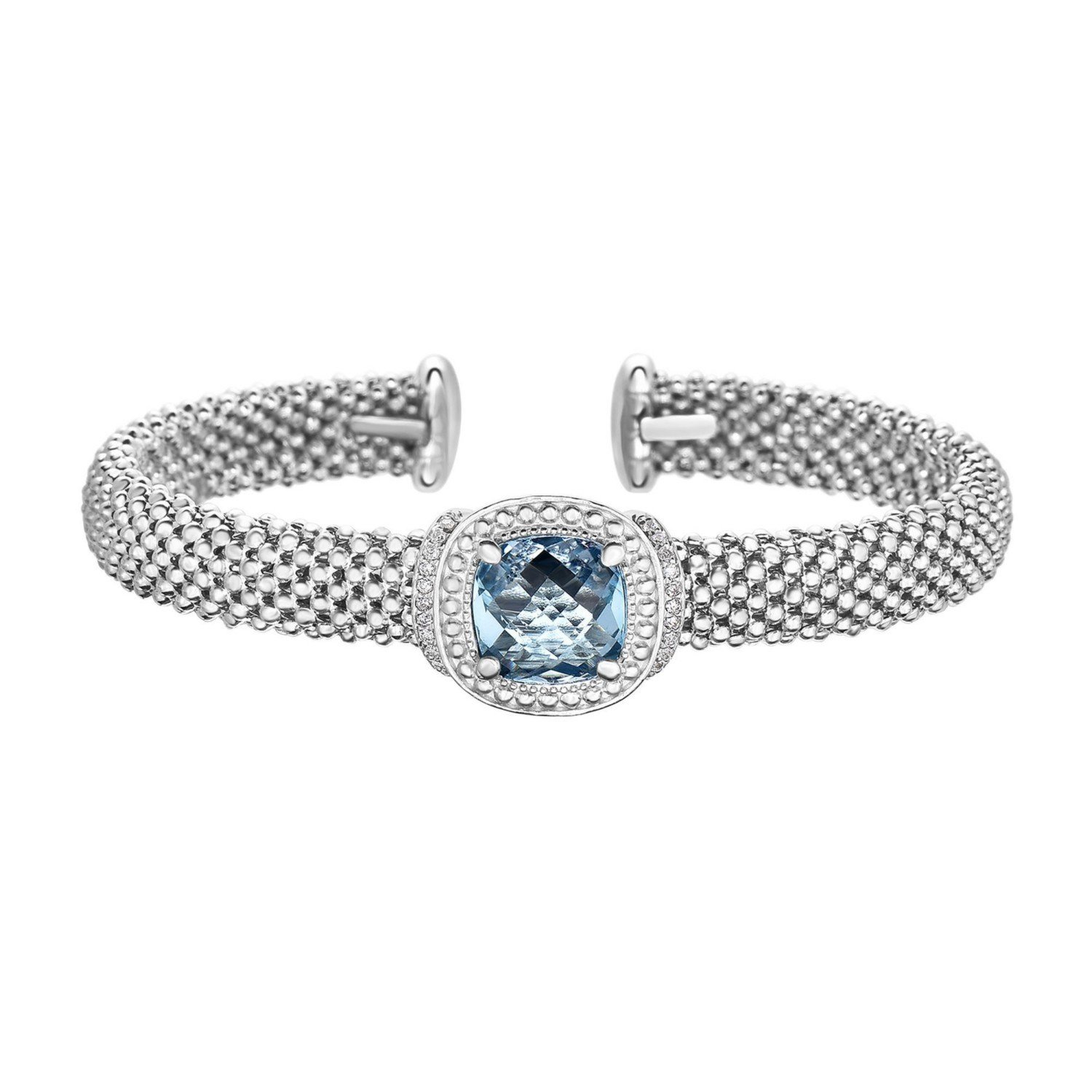 Popcorn Texture Cuff Bangle with Blue Topaz and Diamonds in Sterling Silver - Image 2
