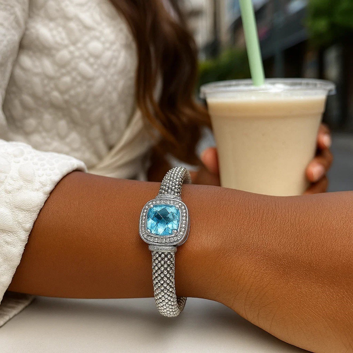 Popcorn Texture Cuff Bangle with Blue Topaz and Diamonds in Sterling Silver - Image 5