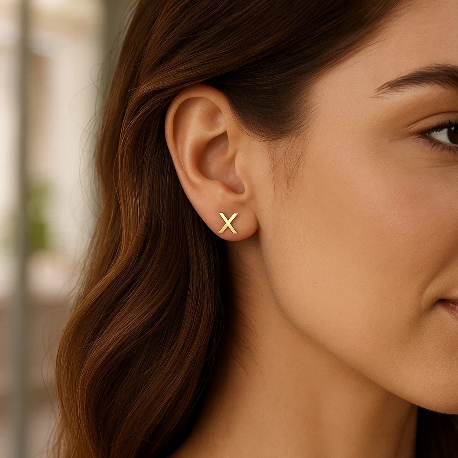 14K Yellow Gold Yours Truly Initial X Stud Earrings - Image 2