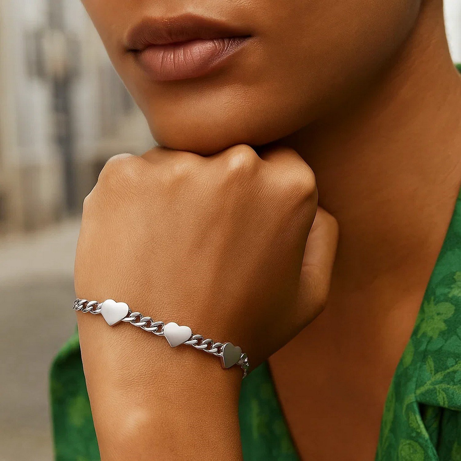 Sterling Silver Rhodium Plated Heart Chain Bracelet - Image 4