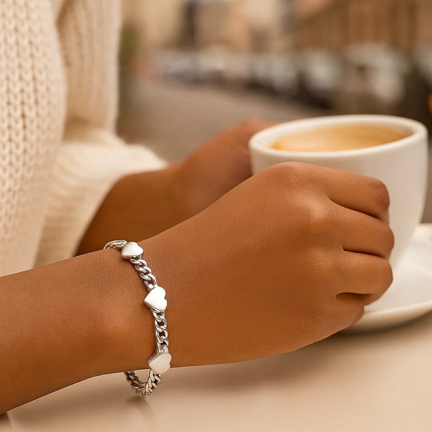 Sterling Silver Rhodium Plated Heart Chain Bracelet - Image 5