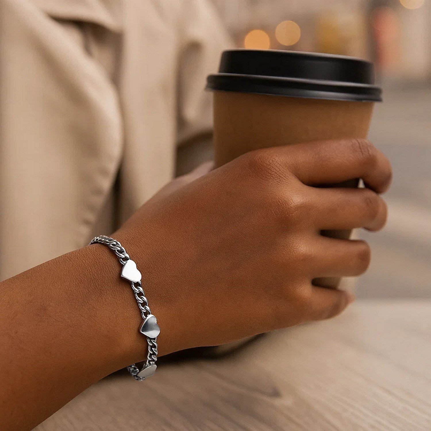 Sterling Silver Rhodium Plated Heart Chain Bracelet - Image 6