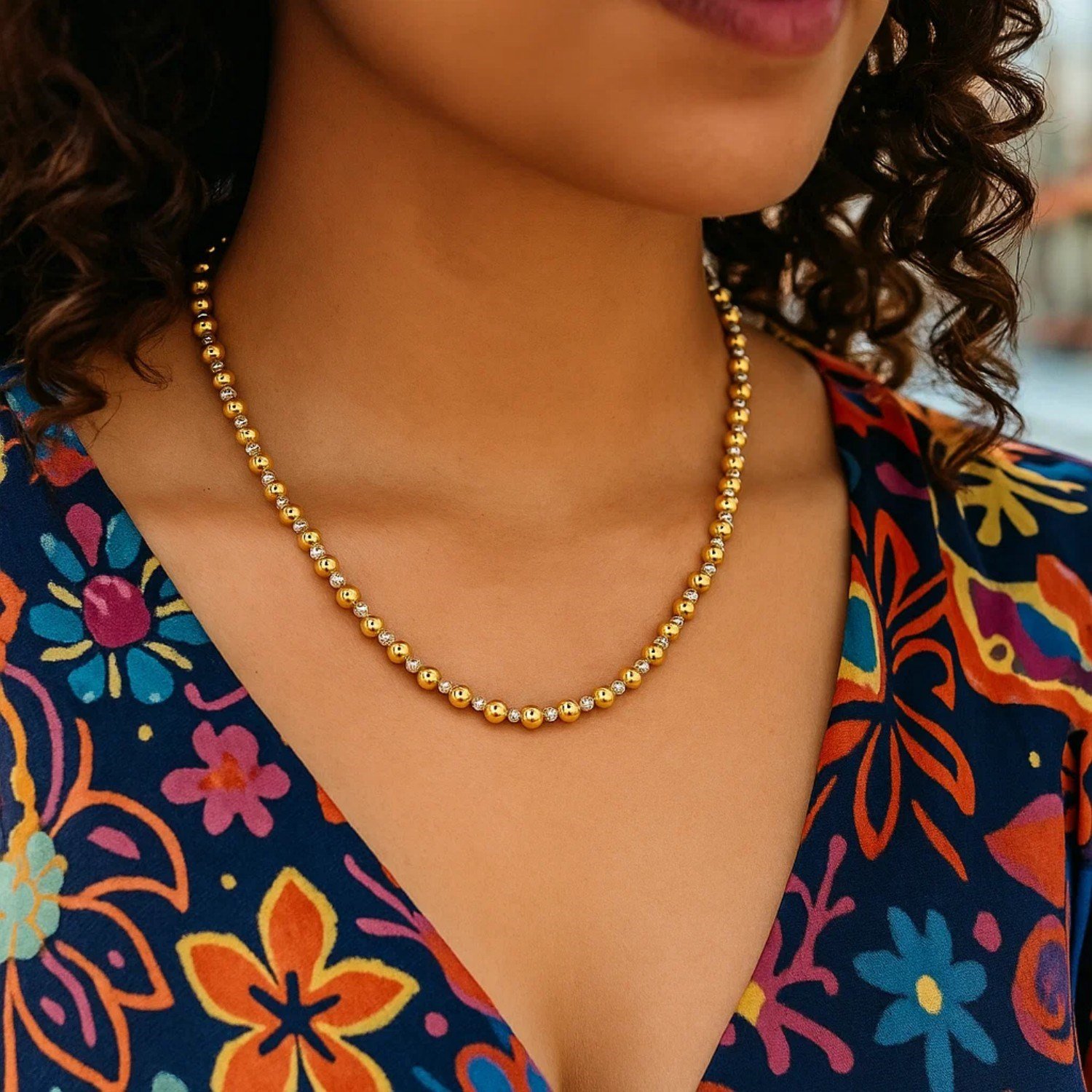 Two Tone Beaded Chain Necklace in 14K Gold - Image 3