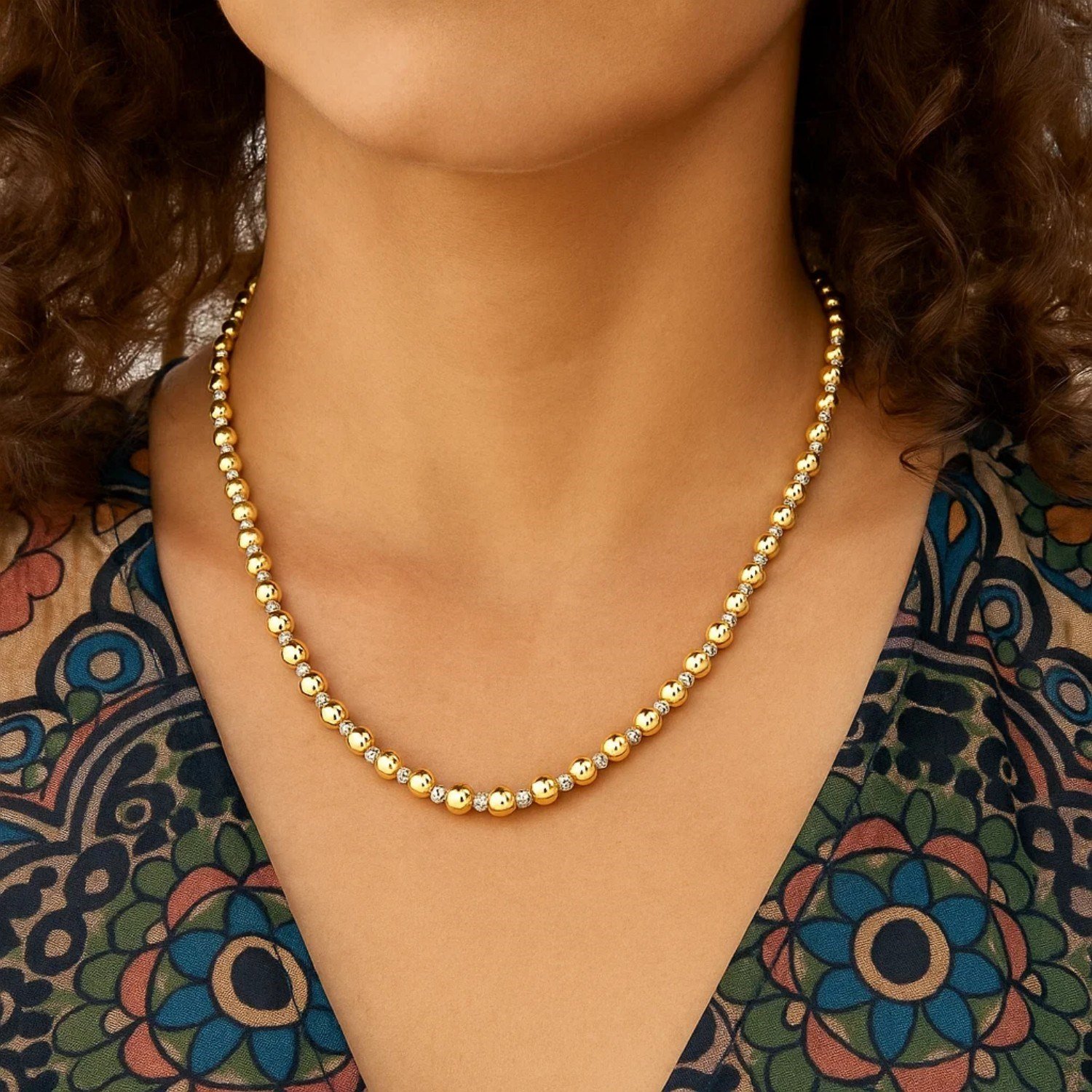 Two Tone Beaded Chain Necklace in 14K Gold - Image 4