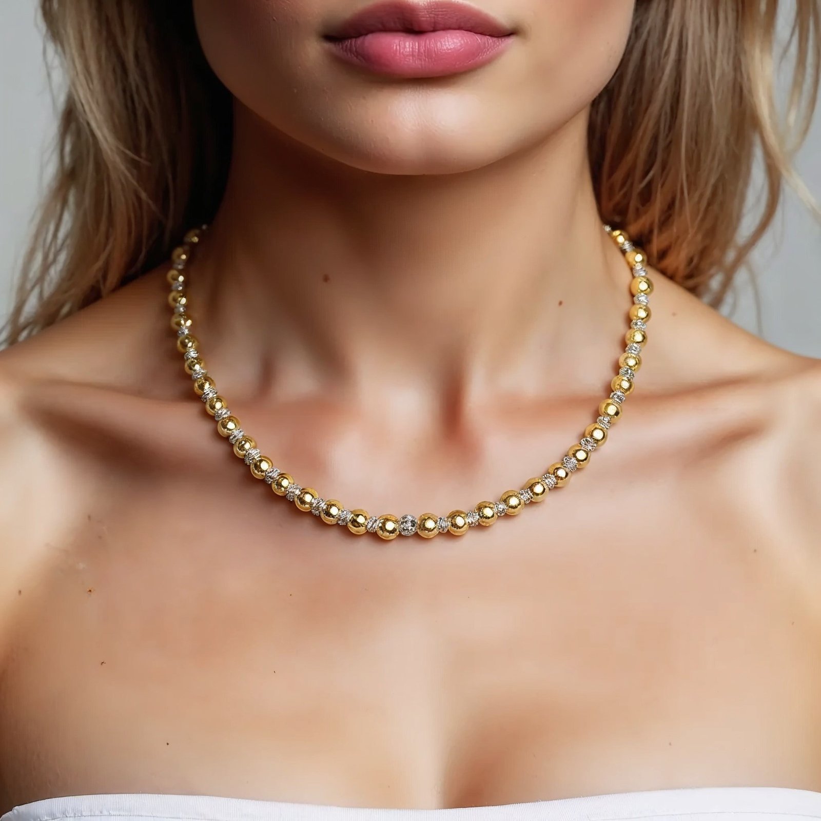 Two Tone Beaded Chain Necklace in 14K Gold - Image 5