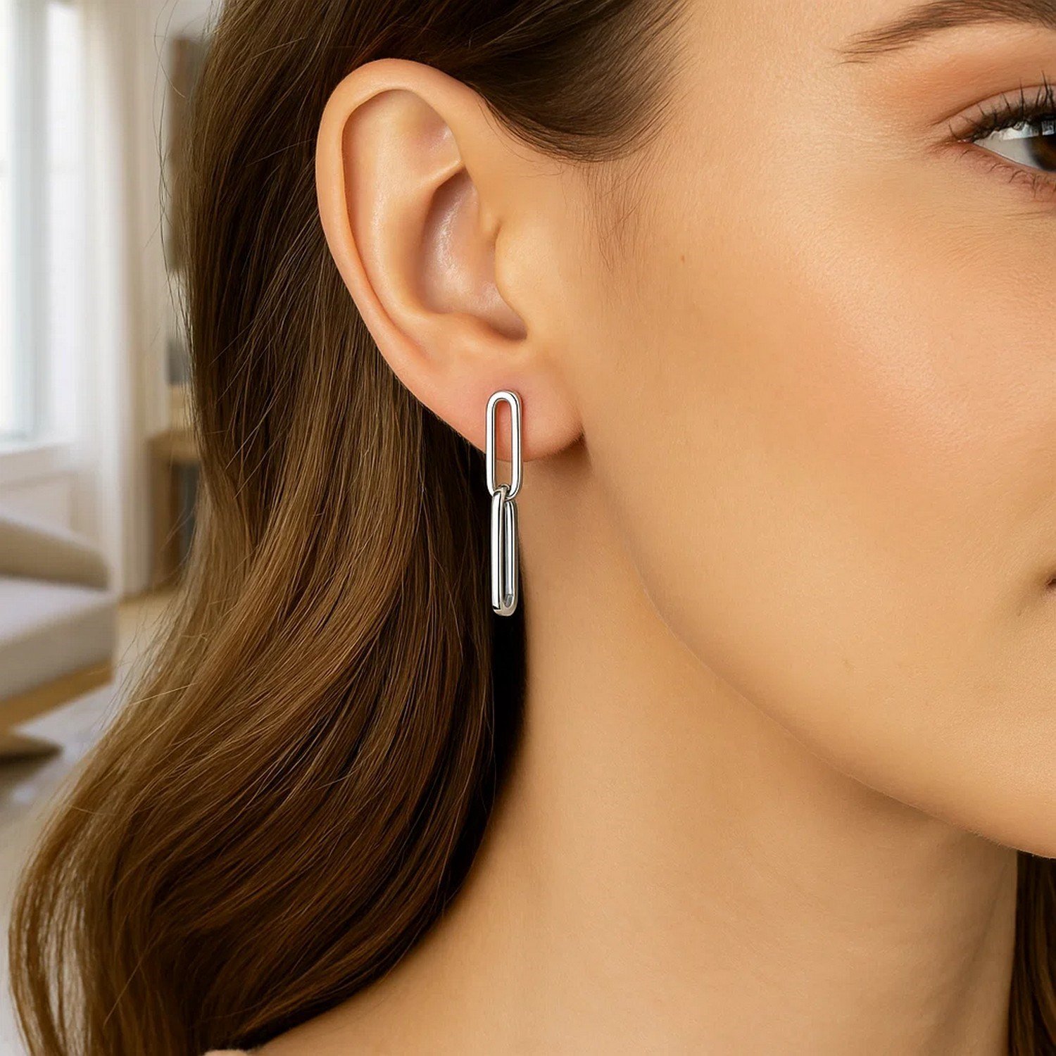 14K White Gold Double Link Paperclip Drop Earrings - Image 3