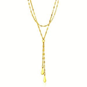 14k Yellow Gold Double Strand Chain with Puffed Heart Lariat Necklace