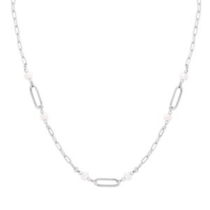 Sterling Silver Rhodium Plated Freshwater Pearl Paperclip Necklace