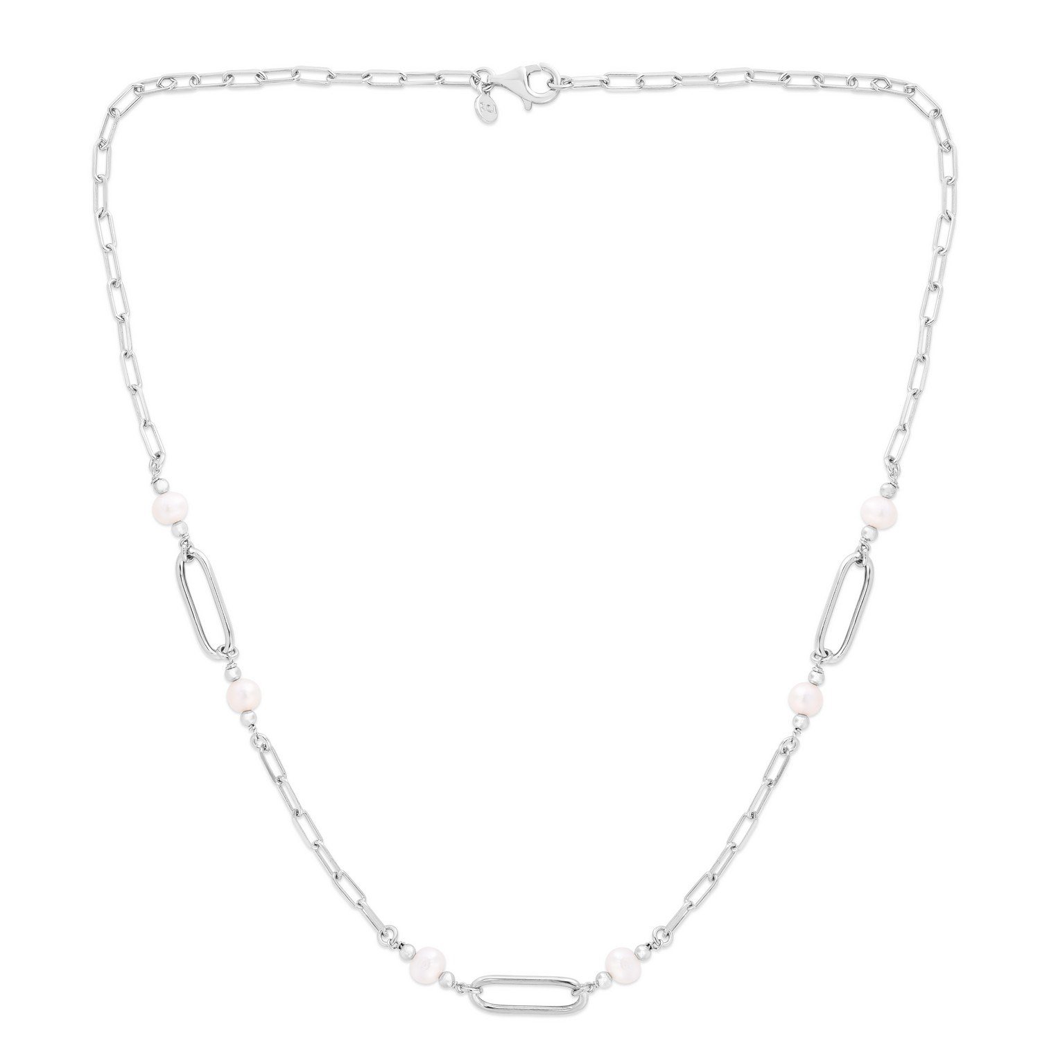 Sterling Silver Rhodium Plated Freshwater Pearl Paperclip Necklace - Image 2
