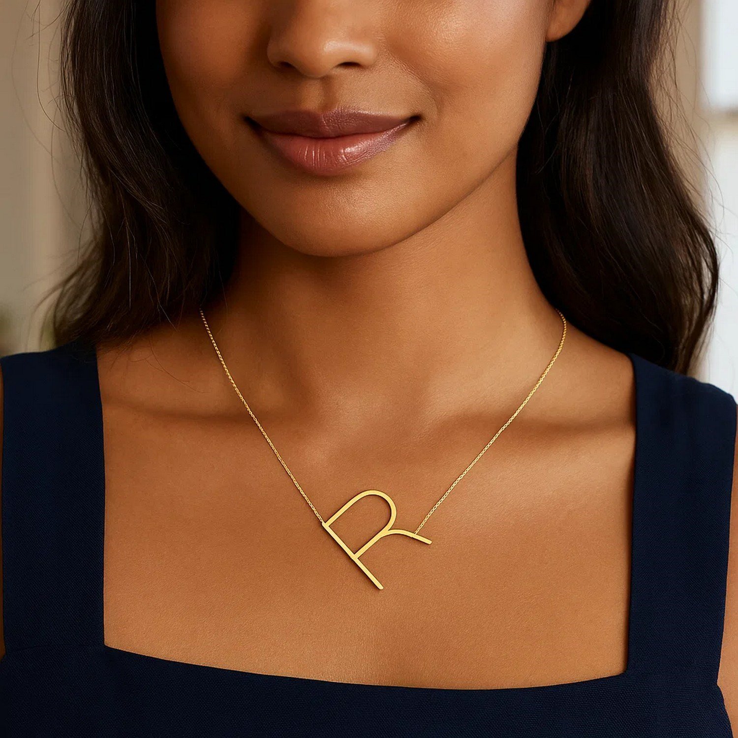 14K Yellow Gold Yours Truly Large Initial R Necklace - Image 4