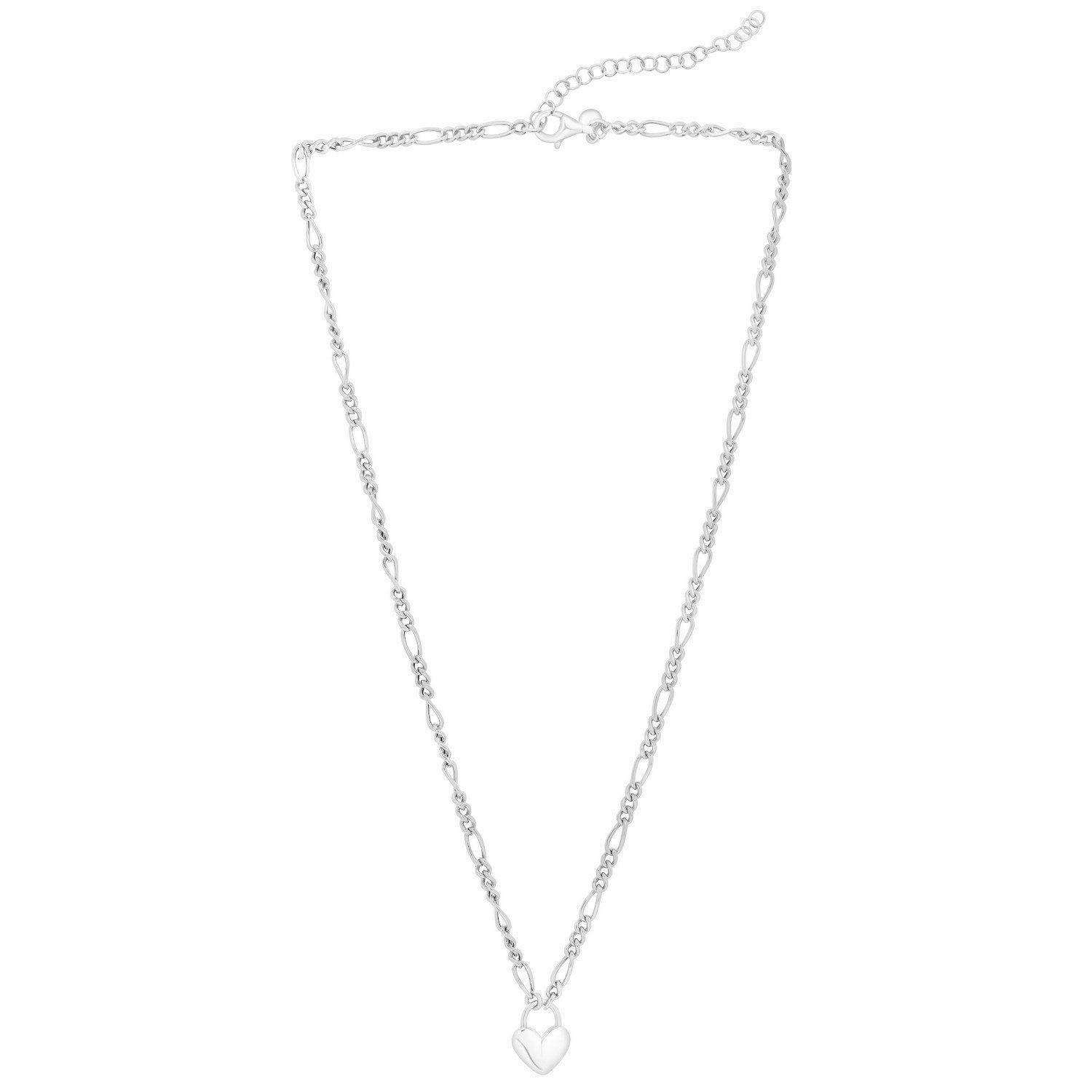Sterling Silver Rhodium Plated Heart Padlock Figaro Necklace - Image 2