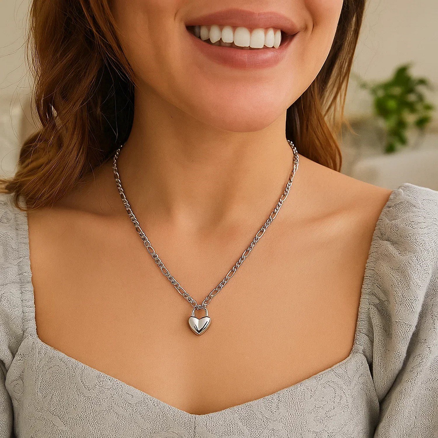 Sterling Silver Rhodium Plated Heart Padlock Figaro Necklace - Image 4