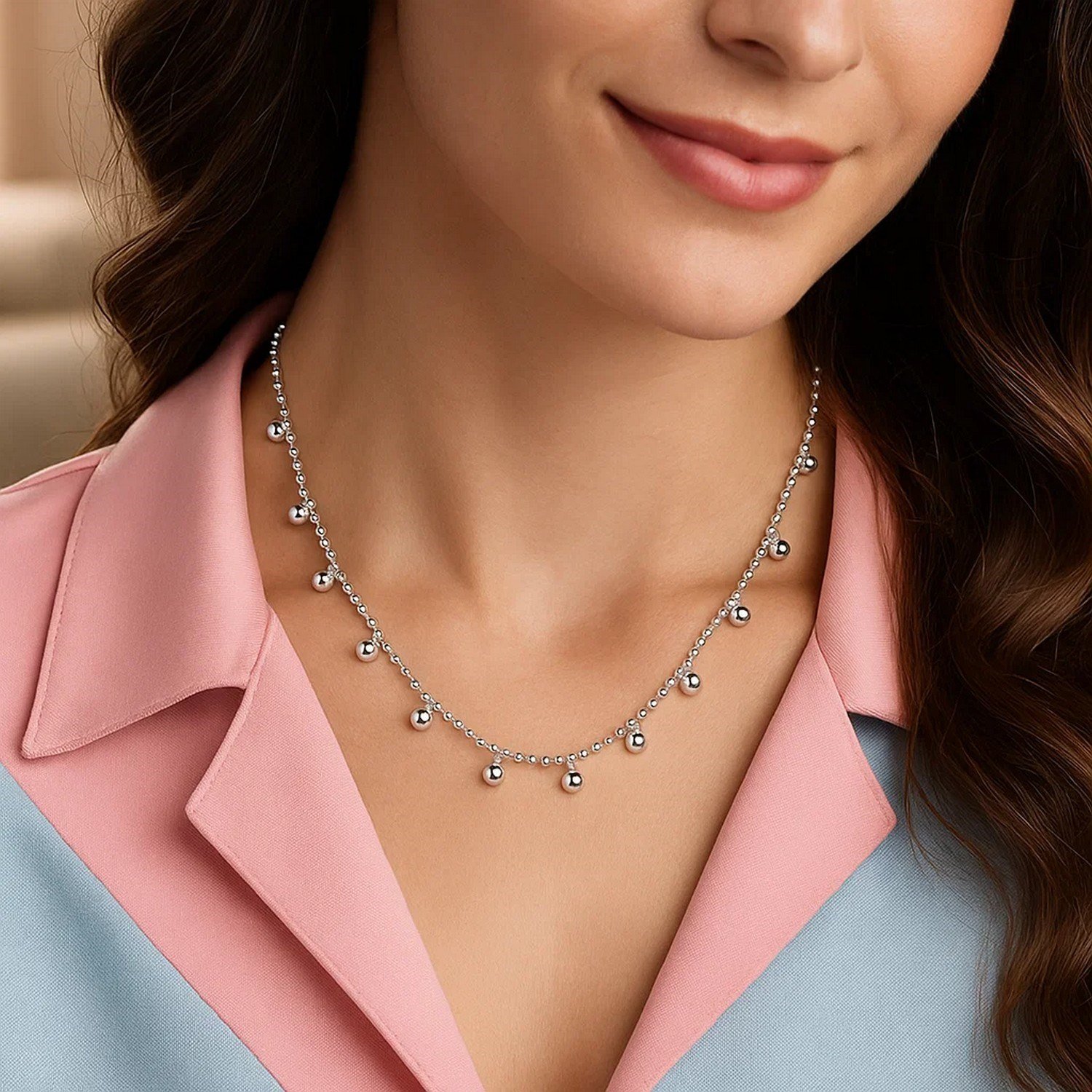 Sterling Silver Rhodium Plated Bead Necklace - Image 4