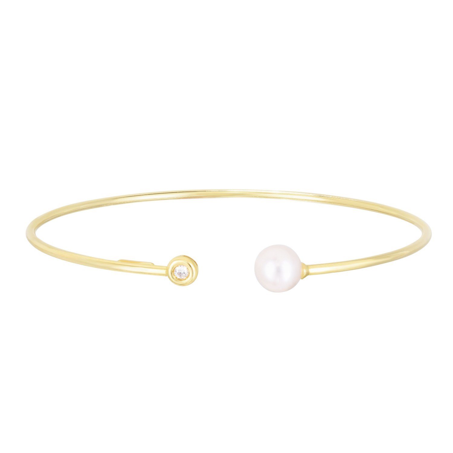 14k Yellow Gold Cuff Bangle with Pearl and Diamond (3.00 mm) - Image 2