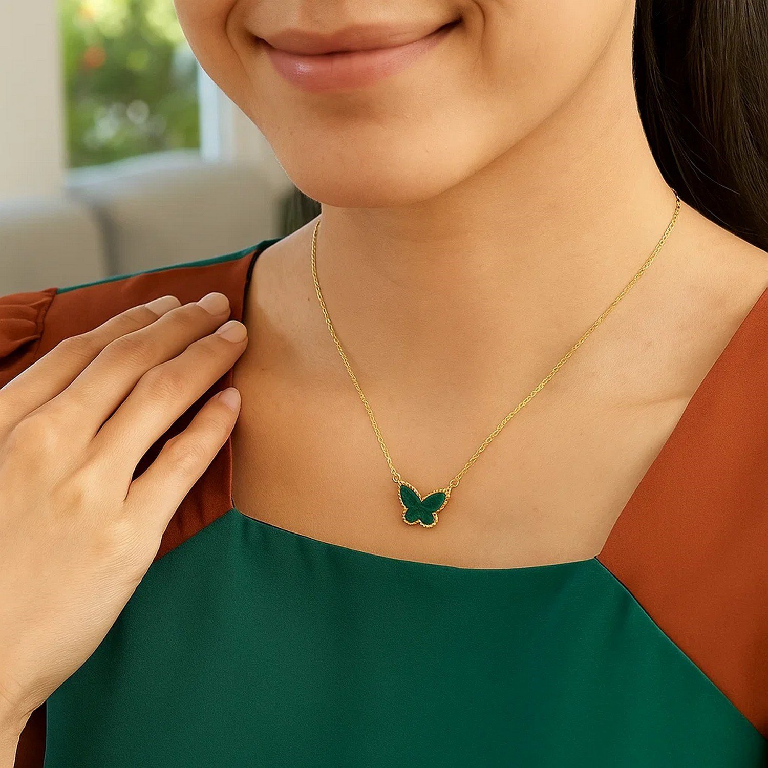 14K Yellow Gold Primavera Malachite Butterfly Necklace - Image 5