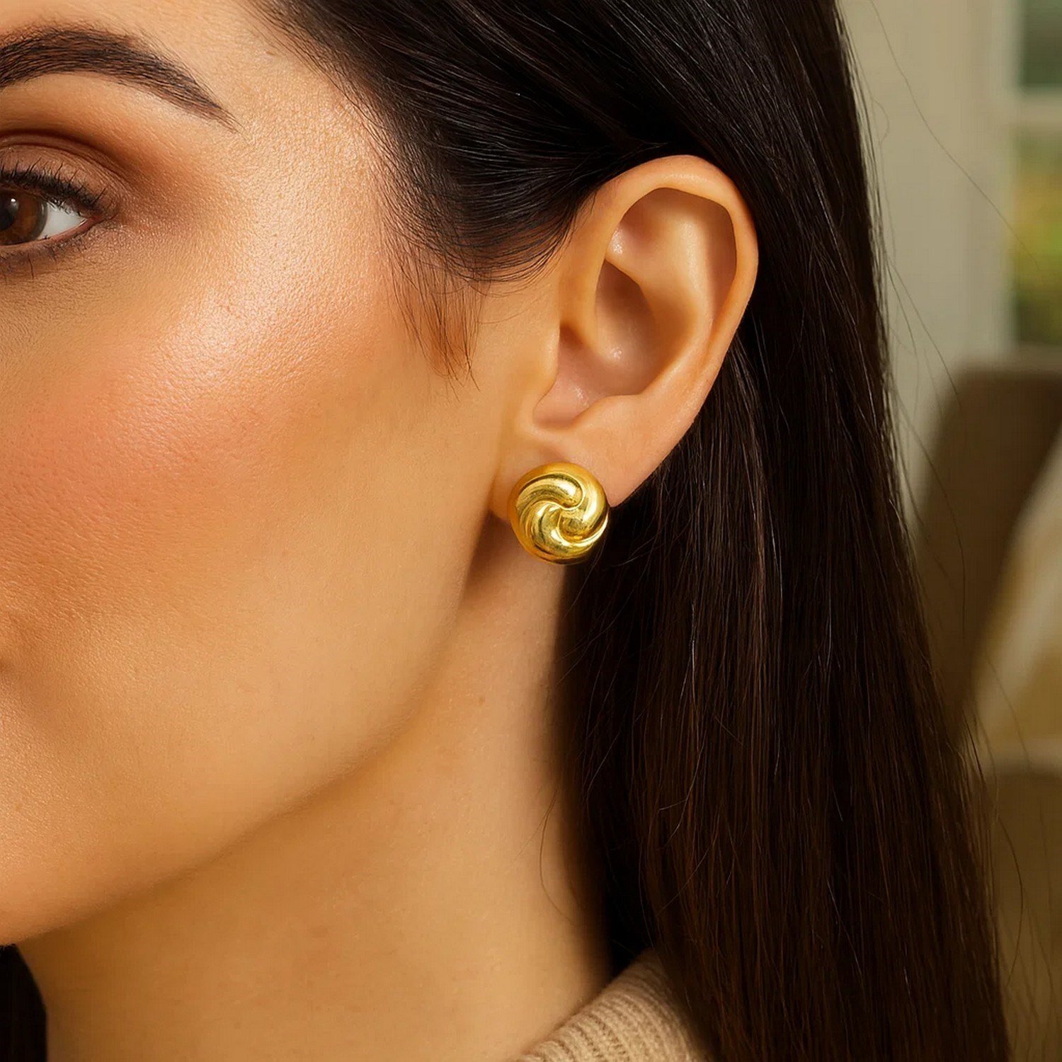 Sterling Silver Yellow Gold Plated Puffed Swirly Knot Stud Earrings - Image 3