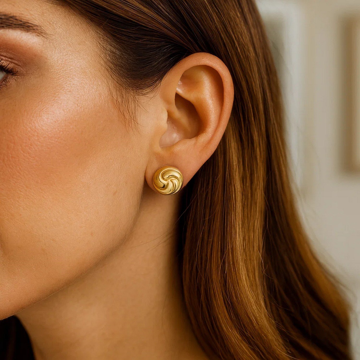 Sterling Silver Yellow Gold Plated Puffed Swirly Knot Stud Earrings - Image 4