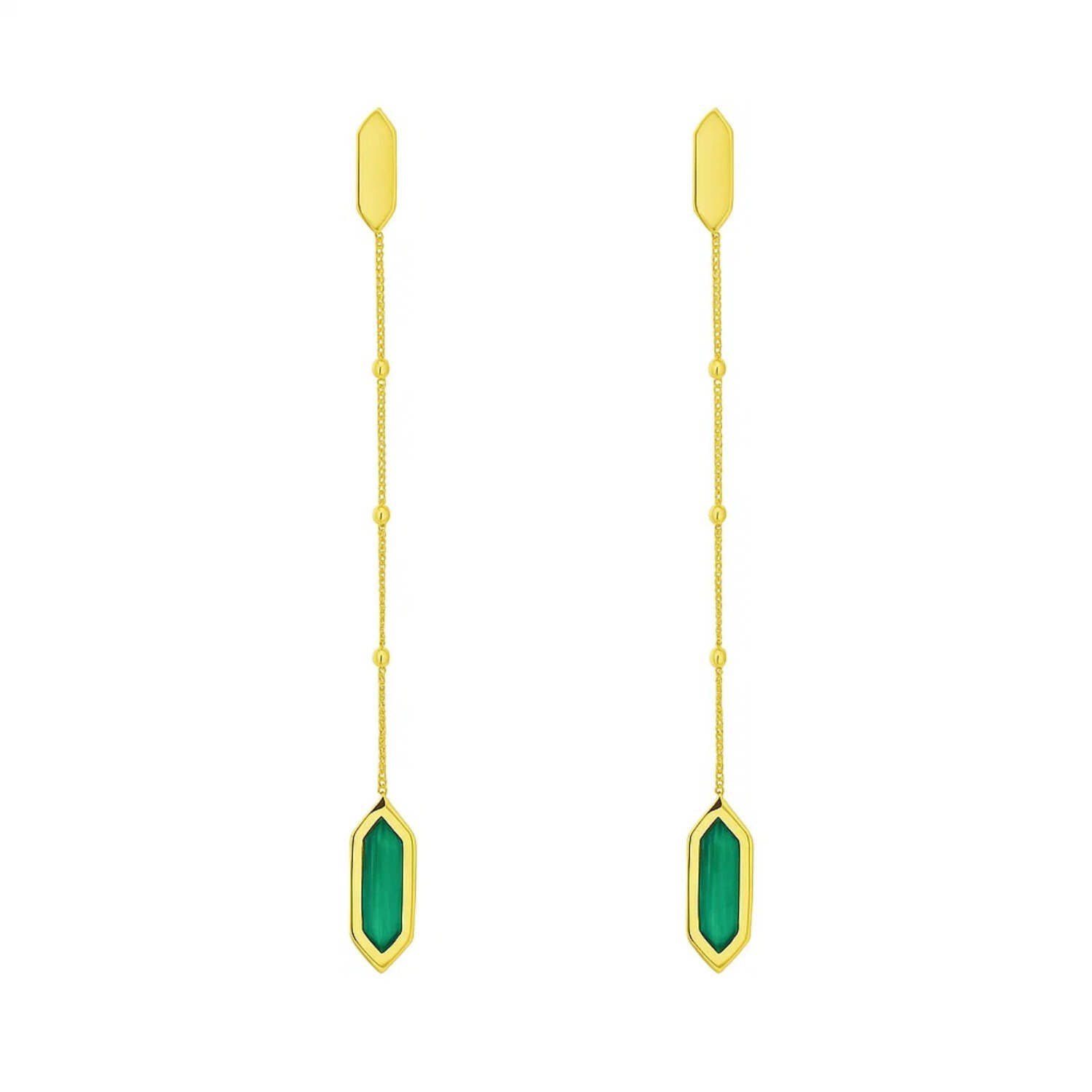 14K Yellow Gold Hexagon Malachite Drop Earrings - Image 2