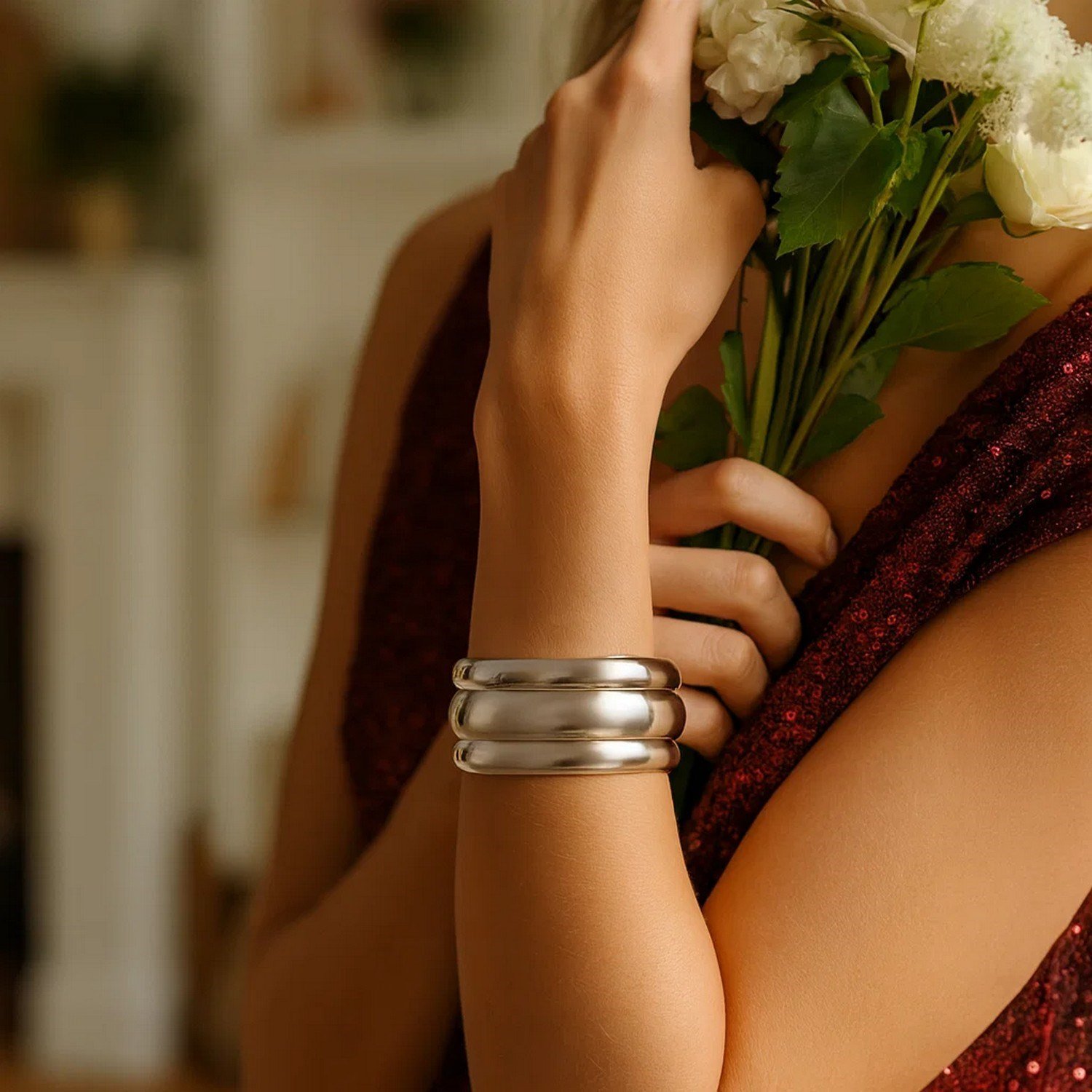 Sterling Silver Rhodium Plated Bold Ribbed Cuff Bangle (25.00 mm) - Image 3