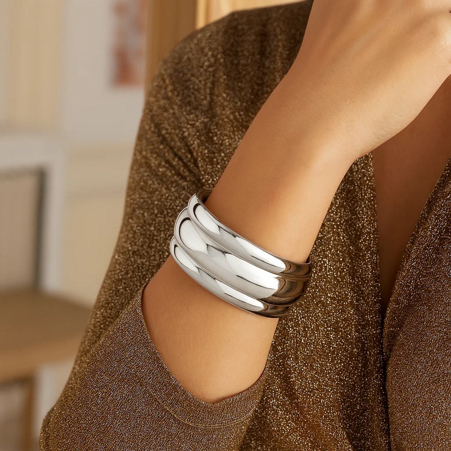Sterling Silver Rhodium Plated Bold Ribbed Cuff Bangle (25.00 mm) - Image 4