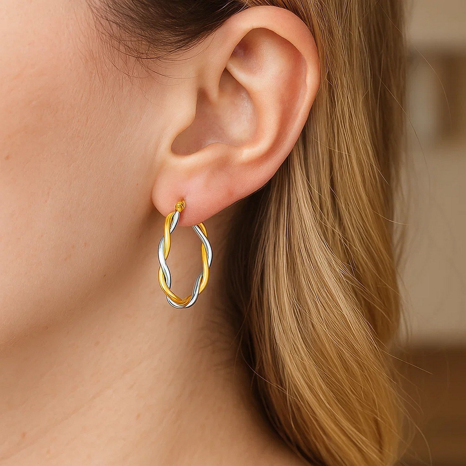Two-Tone Twisted Wire Round Hoop Earrings in 10k Yellow and White Gold(3x20mm) - Image 2