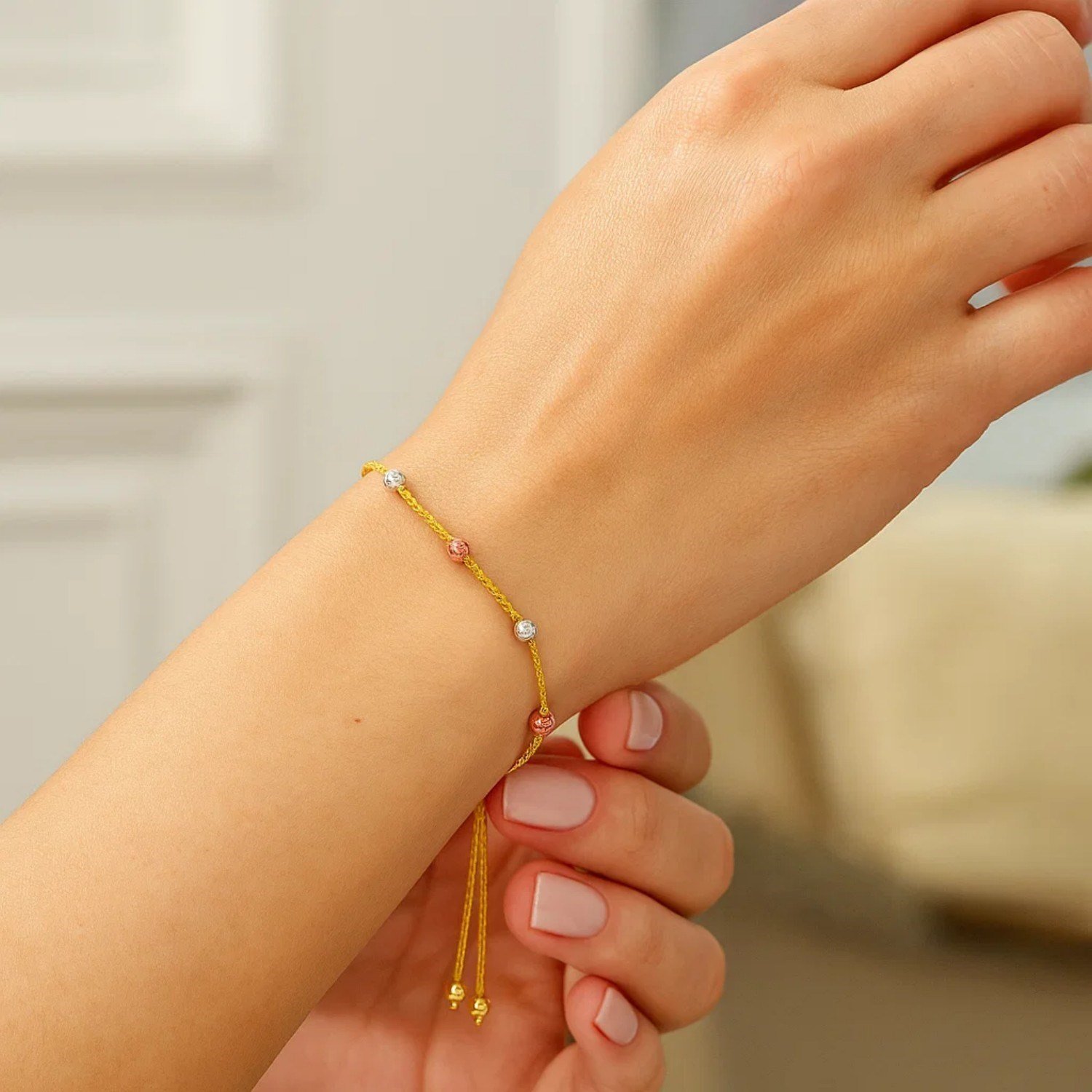 14k Tri-Color Gold Textured Bead Station Lariat Bracelet (5.00 mm) - Image 2