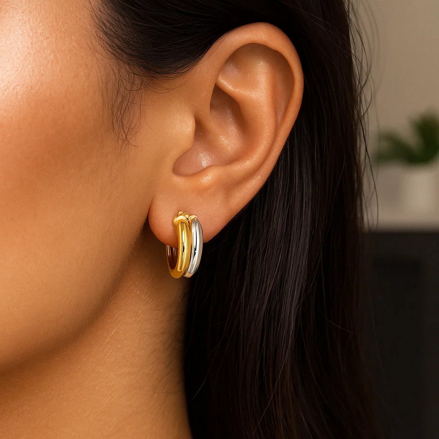14k Two Tone Gold Double Round Hoops - Image 3