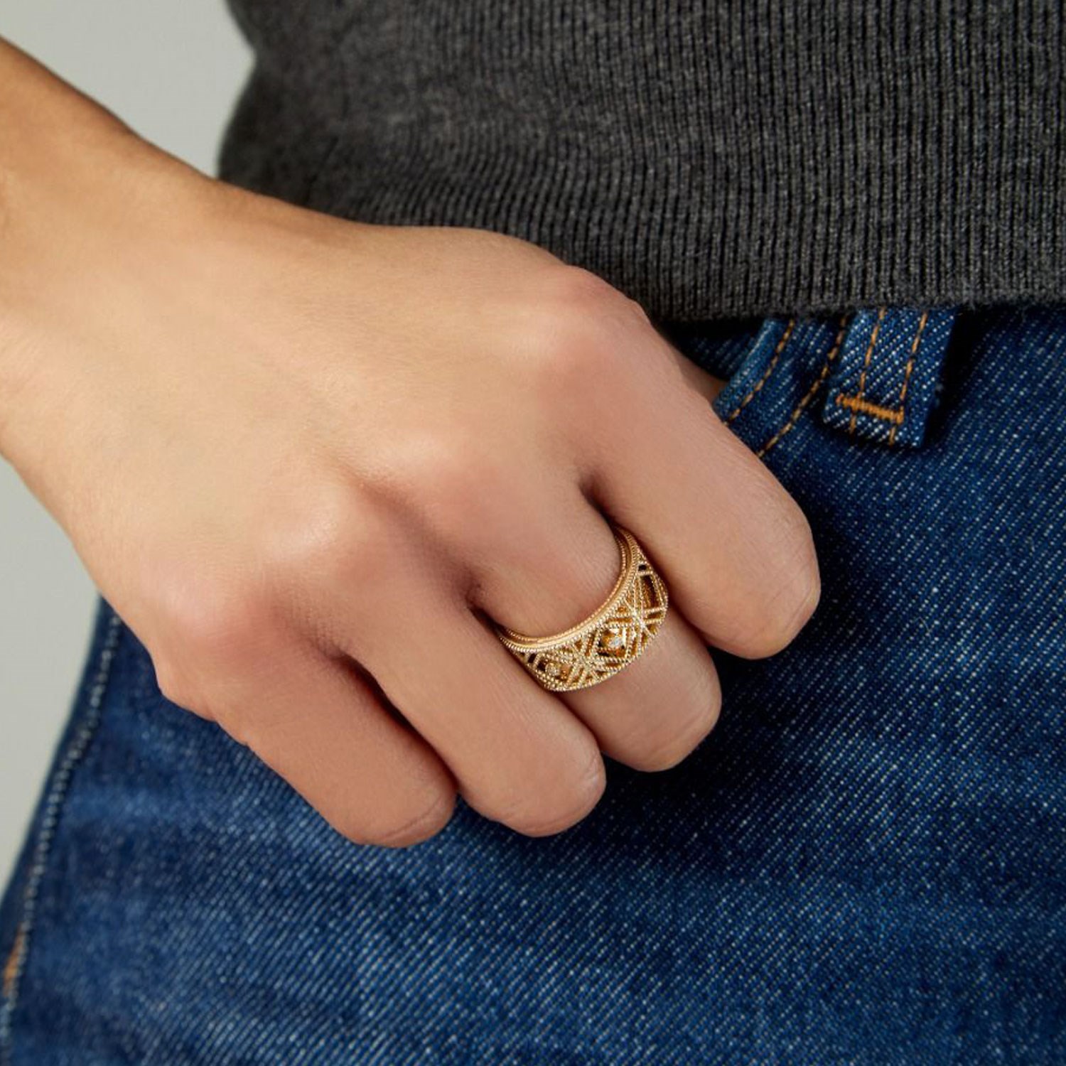 14K Yellow Gold Textured Diamond Shape Fancy Ring — additional view