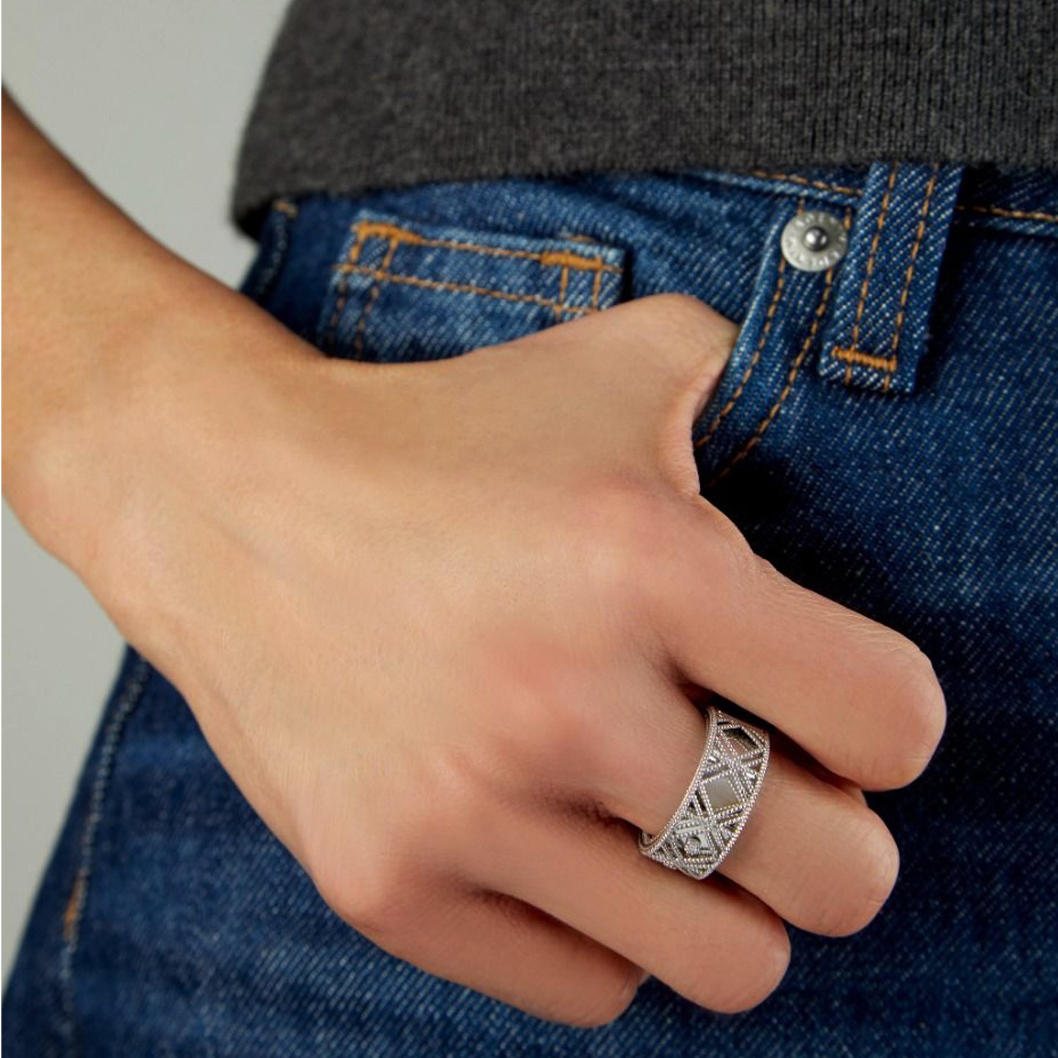 14K White Gold Textured Diamond Shape Fancy Ring — additional view