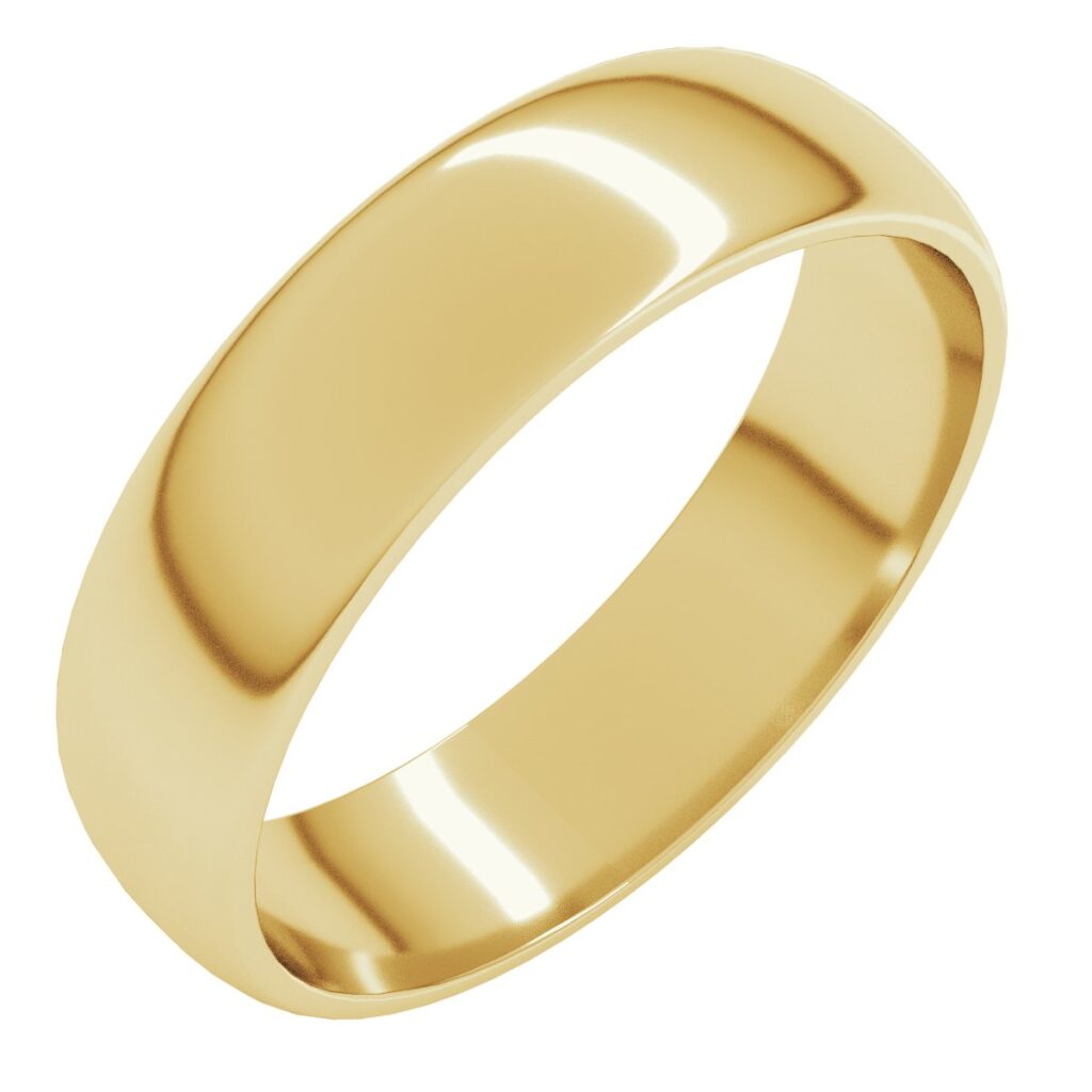 Polished yellow gold half-round wedding band with a gently domed outer profile, shown on a white background