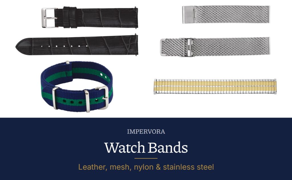Replacement watch bands in leather, mesh, nylon and stainless steel