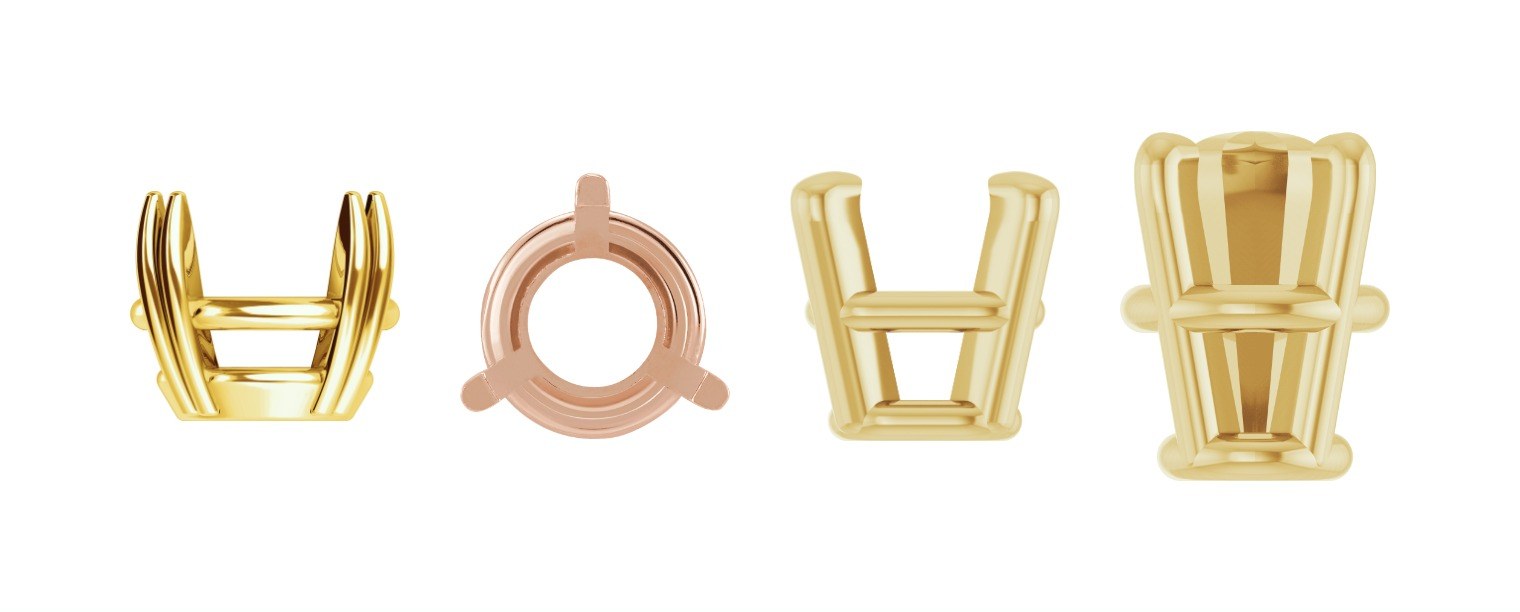Empty gold prong and basket settings for round stones