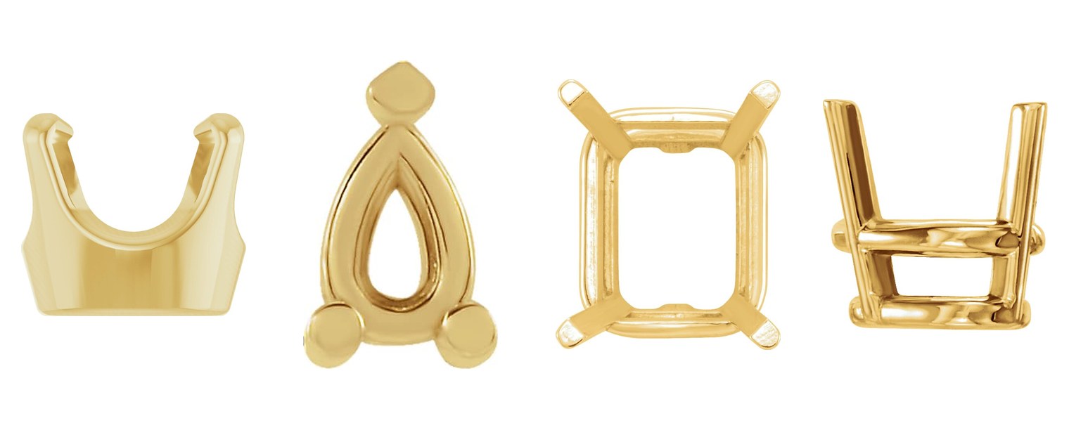 Empty gold settings for oval, pear, emerald-cut and heart stones